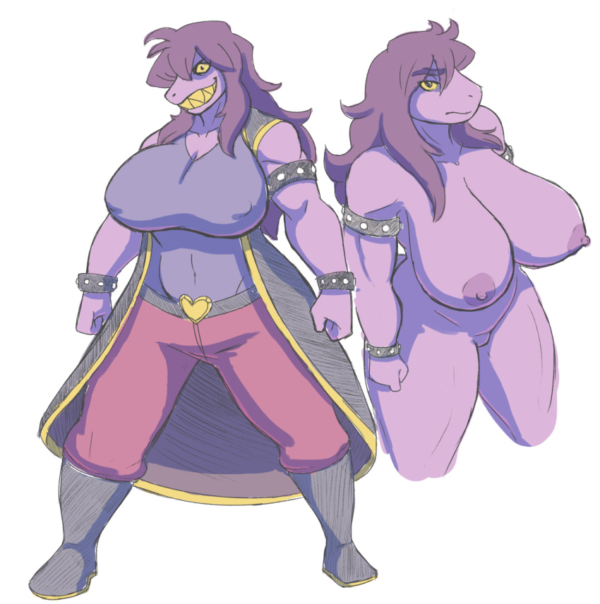 areola armband belt big_breasts boots bracelet breasts clothed clothing coat colored_sketch deltarune female footwear hair huge_breasts jewelry long_hair mindwipe muscular muscular_female muscular_thighs nipple_bulge nipples nude pants reptile scalie sharp_teeth shirt simple_background smile solo standing susie_(deltarune) teeth thick_thighs white_background
