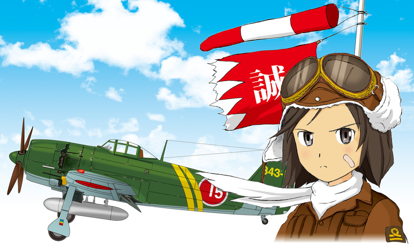 aircraft airplane bad_id bad_pixiv_id bandaid bandaid_on_face brave_witches brown_eyes brown_hair cloud cosplay day drifters flag goggles goggles_on_head helmet highres jacket kanno_naoe kanno_naoshi kanno_naoshi_(cosplay) leather leather_jacket looking_at_viewer military military_uniform n1k namesake portrait propeller scarf short_hair sky solo squadron uniform wind world_witches_series