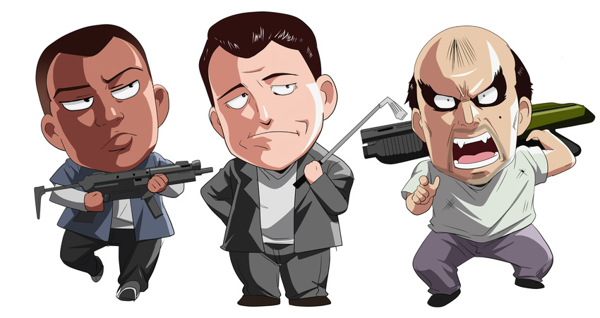 chibi franklin_clinton golf_club grand_theft_auto grand_theft_auto_v gun highres male_focus michael_de_santa multiple_boys shotgun simple_background submachine_gun tamanegiya trevor_philips weapon white_background