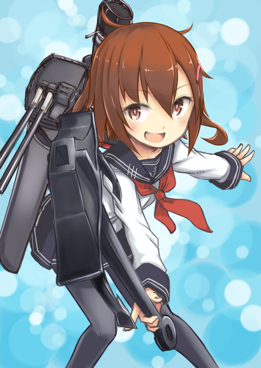 :d anchor brown_eyes brown_hair fang hair_ornament hairclip highres ikazuchi_(kantai_collection) kantai_collection long_sleeves looking_at_viewer machinery motorii open_mouth pantyhose pleated_skirt school_uniform serafuku skirt sleeves_past_wrists smile solo turret