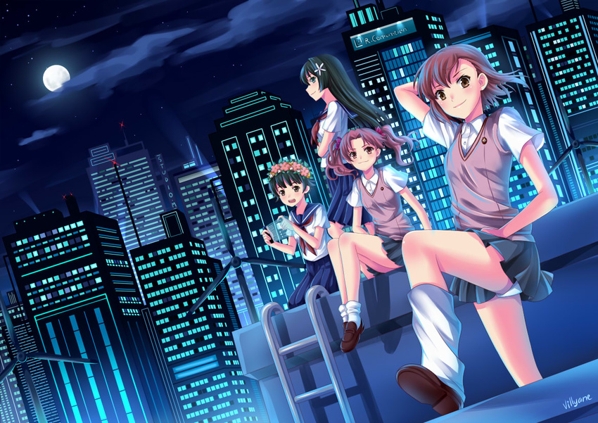 black_hair brown_eyes brown_hair cityscape dutch_angle green_eyes head_wreath loafers long_hair loose_socks misaka_mikoto moon multiple_girls rooftop sakugawa_school_uniform saten_ruiko school_uniform serafuku shirai_kuroko shoes short_hair socks to_aru_kagaku_no_railgun to_aru_majutsu_no_index tokiwadai_school_uniform twintails uiharu_kazari villyane windmill