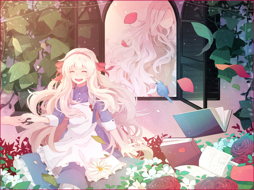 bird blonde_hair blush closed_eyes dress flower highres hoshiyui_tsukino kagerou_project kozakura_marry kozakura_shion long_hair open_mouth rose smile solo