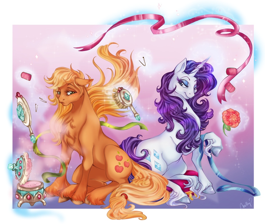 2013 applejack_(mlp) blonde_hair blue_eyes brush cigarscigarettes cutie_mark duo equine eyeshadow female flower freckles friendship_is_magic gem glowing green_eyes hair hair_brush hair_pin horn horse levitation magic makeup mirror my_little_pony pillow pony purple_hair rarity_(mlp) ribbons rose sitting sparkles streamer unicorn