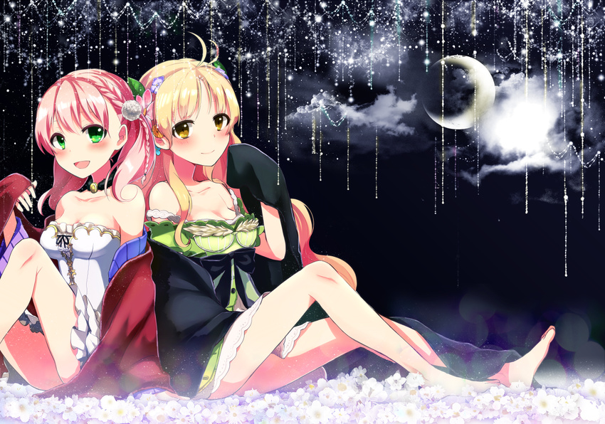 38kb_(38shiki) :d ahoge atelier_(series) atelier_ayesha atelier_escha_&amp;_logy ayesha_altugle bare_shoulders barefoot blonde_hair blush bow braid breasts choker cleavage cloud crescent_moon escha_malier flower green_eyes hair_flower hair_ornament long_hair looking_at_viewer medium_breasts moon multiple_girls open_mouth pink_hair single_braid sitting slim_legs smile wavy_hair yellow_eyes