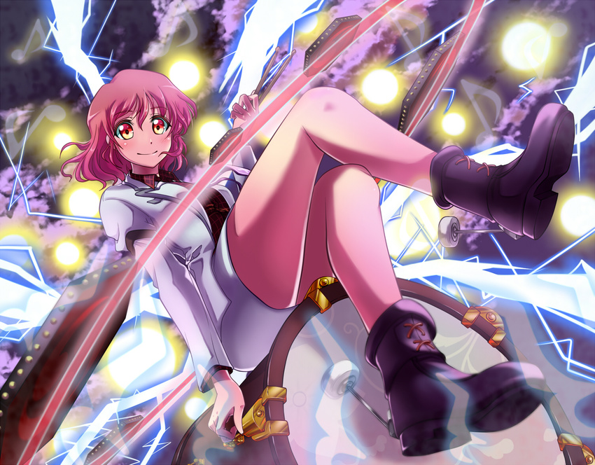 ankle_boots bare_legs boots crossed_legs danmaku drum eighth_note electricity flying full_body horikawa_raiko instrument jacket kakao_rantan long_sleeves looking_at_viewer magic magic_circle musical_note pink_hair quarter_rest short_hair shorts sitting skirt smile touhou white_jacket