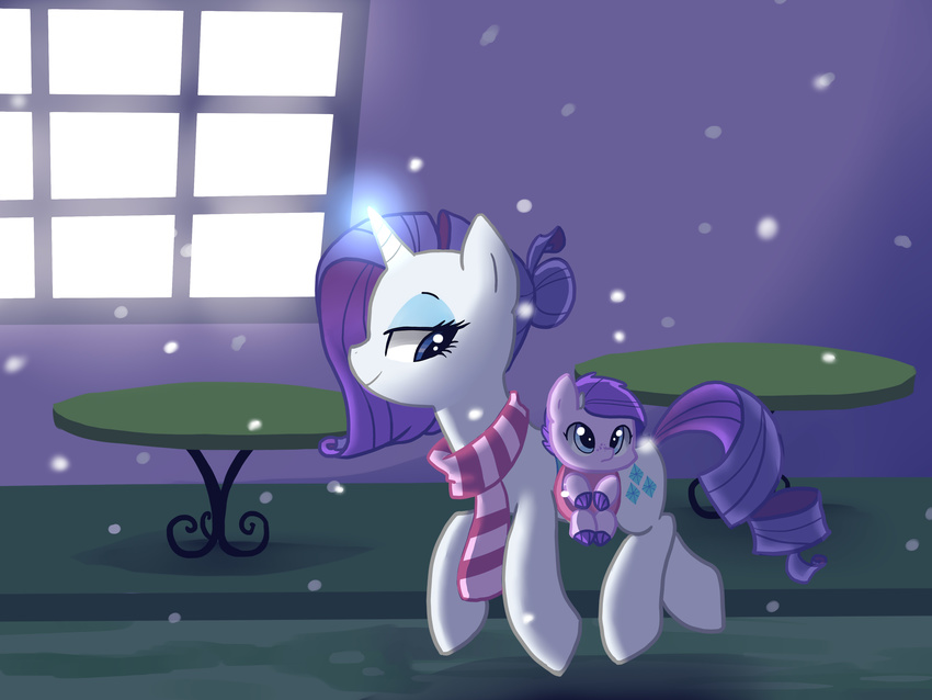 baby blue_eyes clothing crossbreed crystal_clarity cub cute cutie_mark duo equine female feral friendship_is_magic fur glowing hair hi_res horn horse hybrid kilala97 kirin long_hair looking_back magic mammal my_little_pony original_character outside pony purple_hair rarity_(mlp) scarf smile snow snowing table unicorn white_fur window winter young