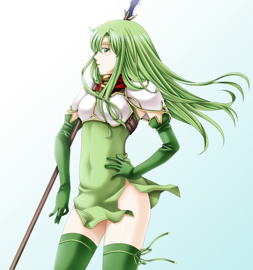 boots breastplate dress elbow_gloves fire_emblem fire_emblem:_monshou_no_nazo gloves green_eyes green_hair green_skirt hand_on_hip headband highres open_mouth paola pauldrons pegasus_knight polearm red_scarf scarf short_dress side_slit skirt sleeveless sleeveless_dress solo spear tamamon thigh_boots thighhighs weapon