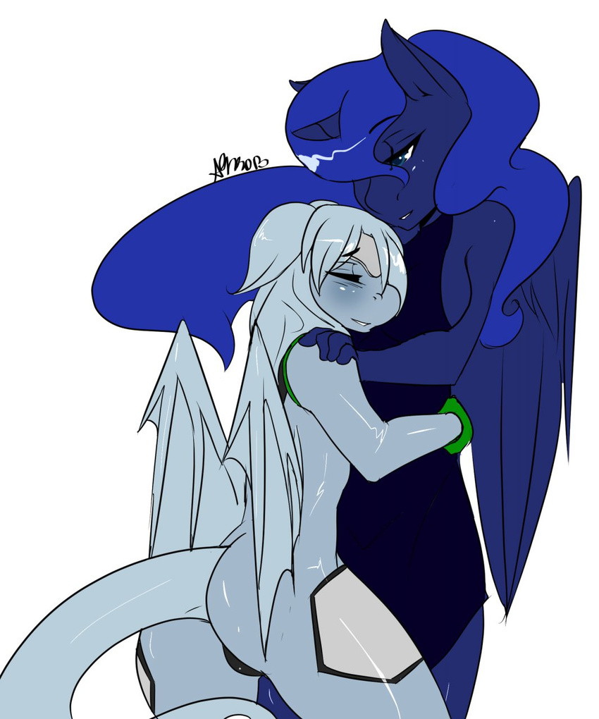 anthro anthrofied avante92 blue_hair butt clothing couple dragon dress duo equine eyes_closed female friendship_is_magic fur grey_hair hair horn hug lesbian long_hair mammal my_little_pony plain_background princess_luna_(mlp) white_background winged_unicorn wings