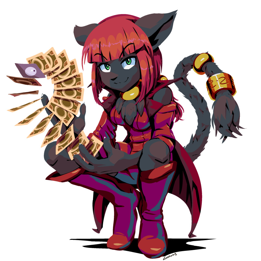 2019 alpha_channel anthro black_fur breasts cat clothed clothing feline female fur goshaag green_eyes hair hi_res mammal off_shoulder red_hair simple_background solo transparent_background video_games wakfu
