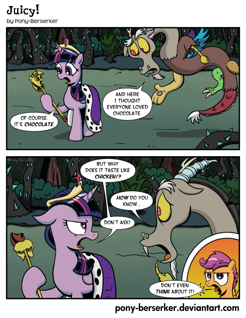 antler antlers bush cape chocolate comic crown discord_(mlp) draconequus equine female forest friendship_is_magic grass hair horn horse levitation mammal my_little_pony outside pegasus pony pony-berserker purple_eyes purple_hair red_eyes scepter scootaloo_(mlp) thorn thorns tongue tongue_out tree twilight_scepter_(mlp) twilight_sparkle_(mlp) winged_unicorn wings