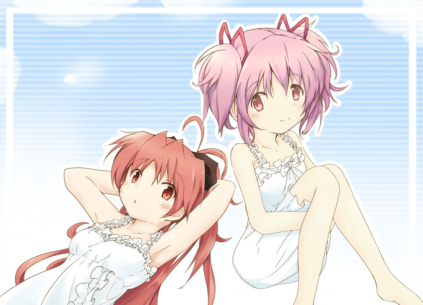 akisaka_yamoka antenna_hair armpits arms_behind_head arms_up dress hair_ribbon highres kaname_madoka mahou_shoujo_madoka_magica multiple_girls pink_eyes pink_hair ponytail ribbon sakura_kyouko short_hair smile twintails white_dress