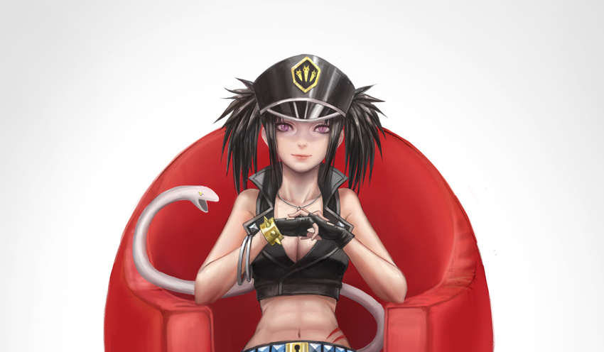 animal berros black_hair blood_lad cleavage gloves hat navel necklace pink_eyes snake twintails white zhouran