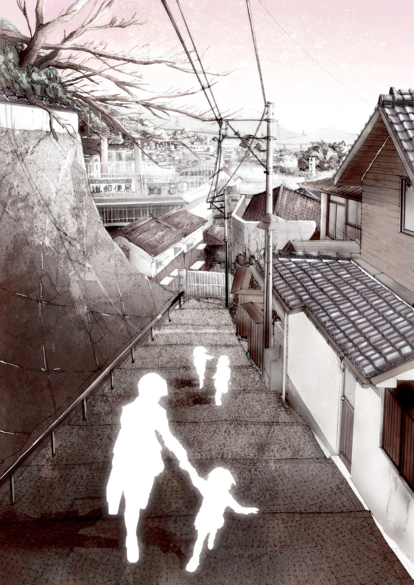 3girls absurdres building child highres holding_hands house kaya_(nari1-24) multiple_girls original power_lines railing scenery silhouette stairs town tree