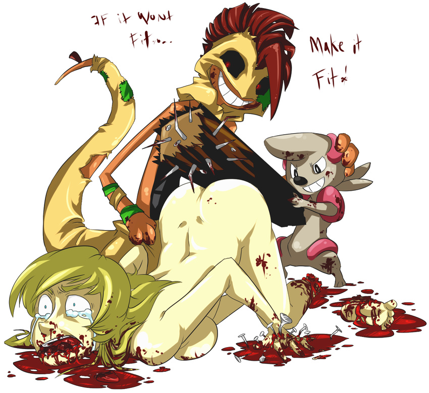 blood breasts butt crying dialog english_text female feral forced gore grin hair interspecies jolly-jak lizard log male nails nintendo nude open_mouth pain plain_background pok&#233;mon pok&eacute;mon rape red_eyes reptile scalie scrafty size_difference smile standing tears teeth text timburr tongue video_games wood