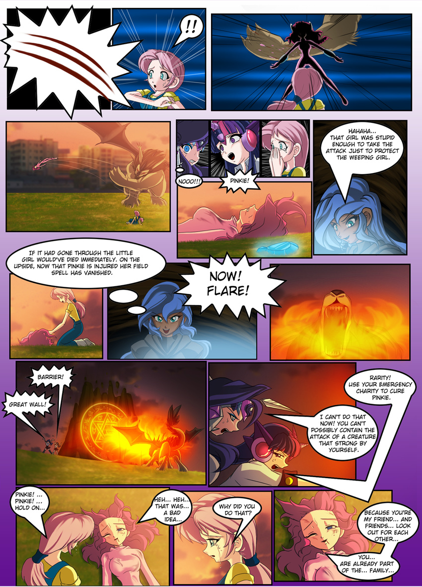 clothed clothing comic costume dialog english_text feline female fight friendship_is_magic hair human humanized mammal manticore mauroz multi-colored_hair my_little_pony pinkie_pie_(mlp) princess_luna_(mlp) rarity_(mlp) shield tears text tiara twilight_sparkle_(mlp) wings wounded