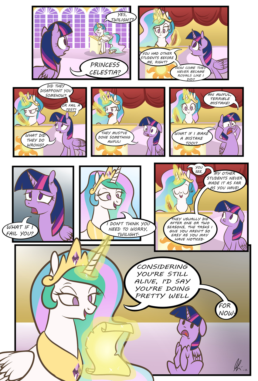 comic crown cutie_mark dialog english_text equine female feral friendship_is_magic frown fur glowing hair horn horse inside lolepopenon long_hair magic mammal multi-colored_hair my_little_pony open_mouth pony poudium princess_celestia_(mlp) purple_eyes purple_fur purple_hair quill scroll smile text tongue twilight_sparkle_(mlp) white_fur window winged_unicorn wings