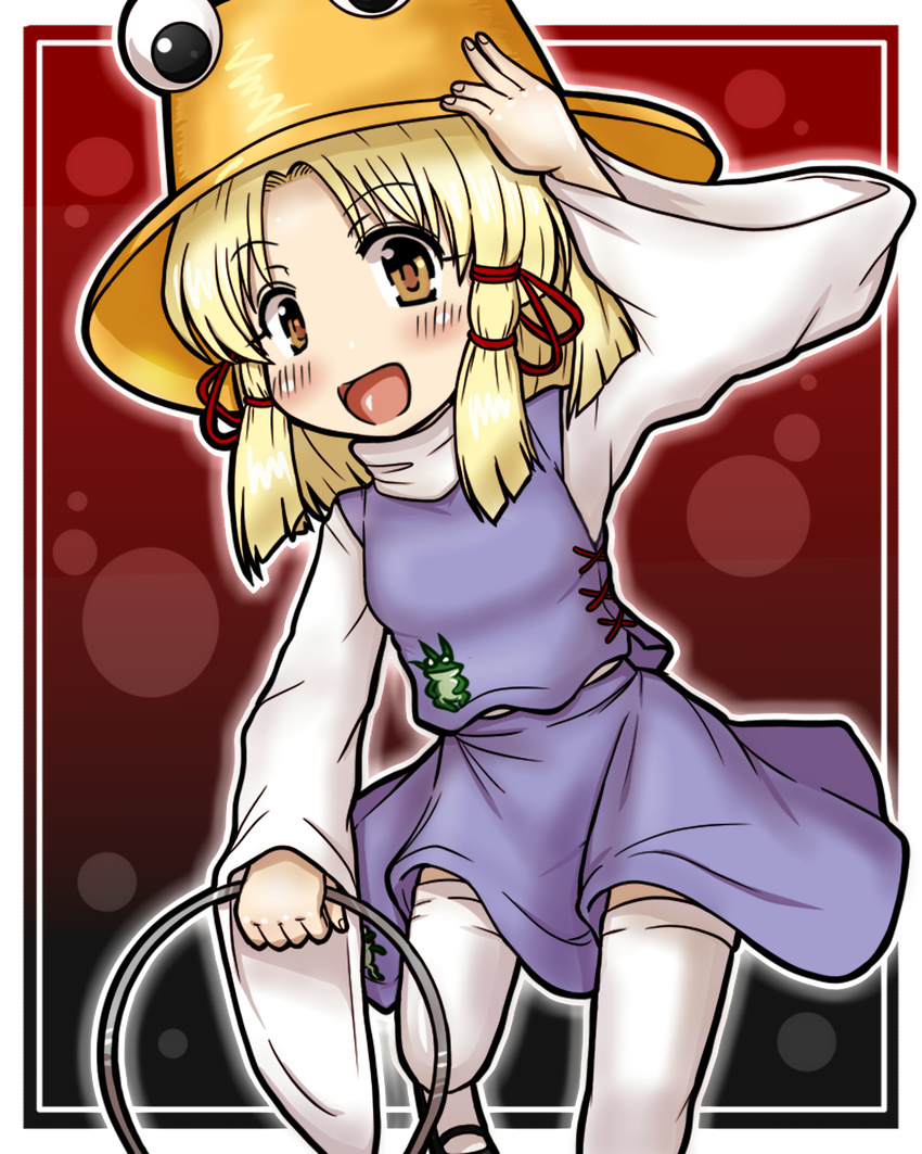 adjusting_clothes adjusting_hat blonde_hair blush eruru_(erl) hair_ornament hair_ribbon hat highres moriya's_iron_rings moriya_suwako open_mouth ribbon short_hair skirt smile solo thighhighs touhou vest white_legwear yellow_eyes