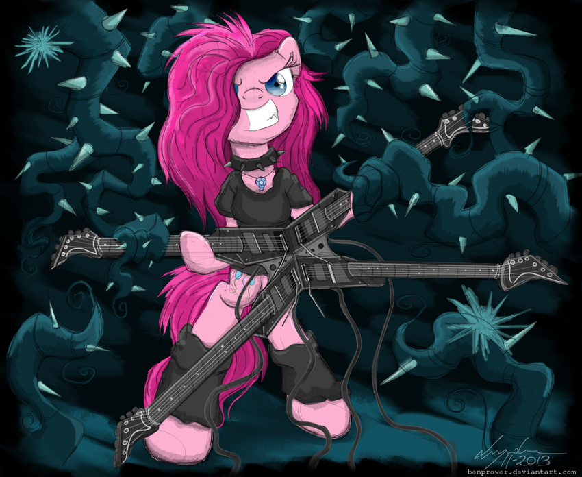 benprower blue_eyes clothing collar cutie_mark electric_guitar equine female feral friendship_is_magic fur guitar hair hair_over_eye hair_over_eyes horse long_hair looking_at_viewer mammal my_little_pony necklace open_mouth pink_fur pink_hair pinkie_pie_(mlp) pony shirt smile solo spikes standing teeth thorns vines