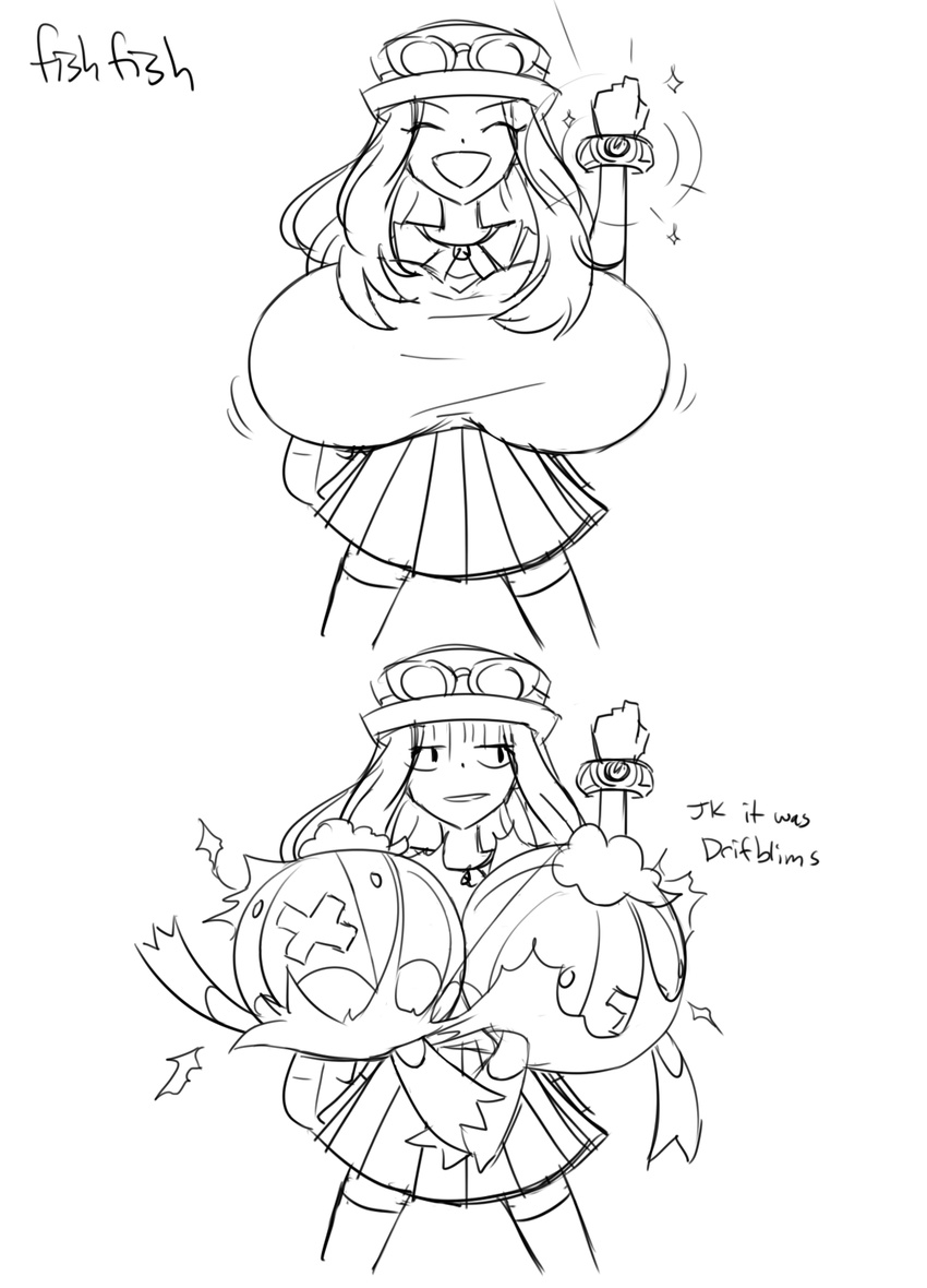 breast_conscious breast_padding cropped_legs drifblim eyewear_on_head gen_4_pokemon hat highres long_hair matsu-sensei pokegear pokemon pokemon_(creature) pokemon_(game) pokemon_xy serena_(pokemon) sketch skirt sunglasses thighhighs wardrobe_malfunction