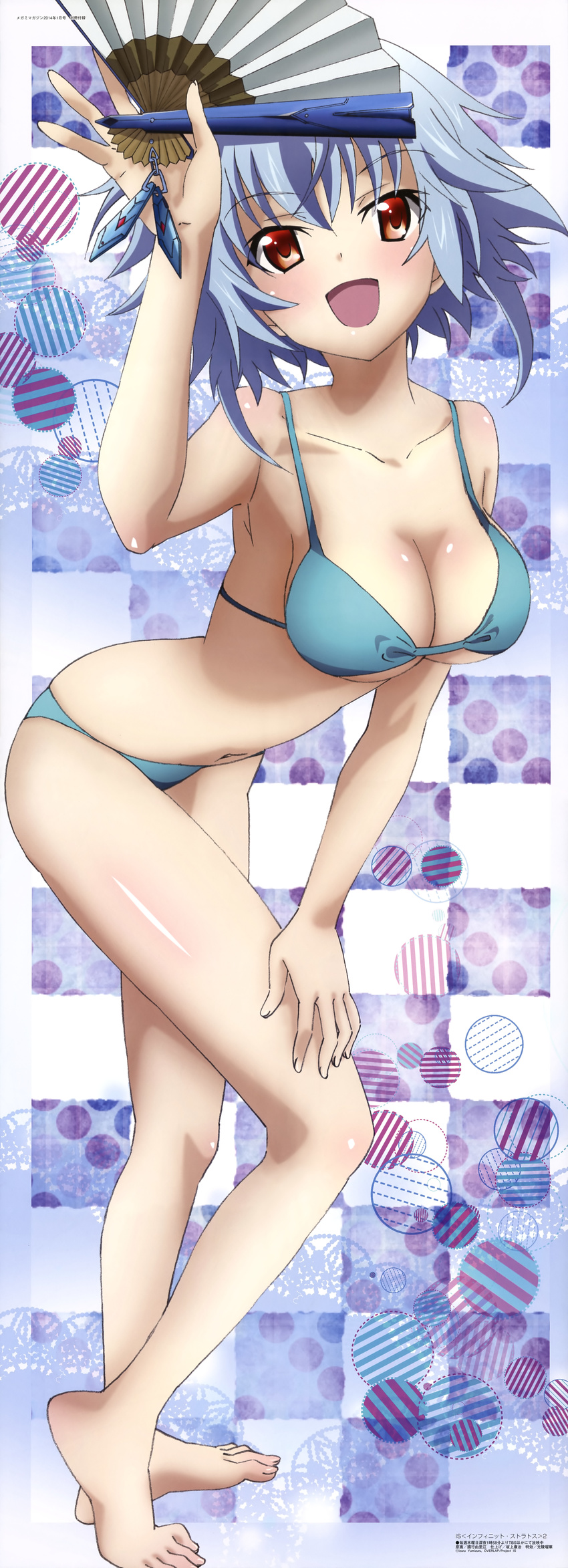 :d absurdres arm_up armpits bangs barefoot bikini blue_bikini blush body_blush breasts checkered checkered_background cleavage fan feet folding_fan from_side hand_on_thigh head_tilt highres holding incredibly_absurdres infinite_stratos kuniyuki_yurie large_breasts leaning_forward legs long_image looking_at_viewer megami navel non-web_source official_art open_mouth polka_dot polka_dot_background red_eyes sarashiki_tatenashi scan short_hair sideboob silver_hair smile solo standing stick_poster striped striped_background swimsuit tall_image tiptoes underboob