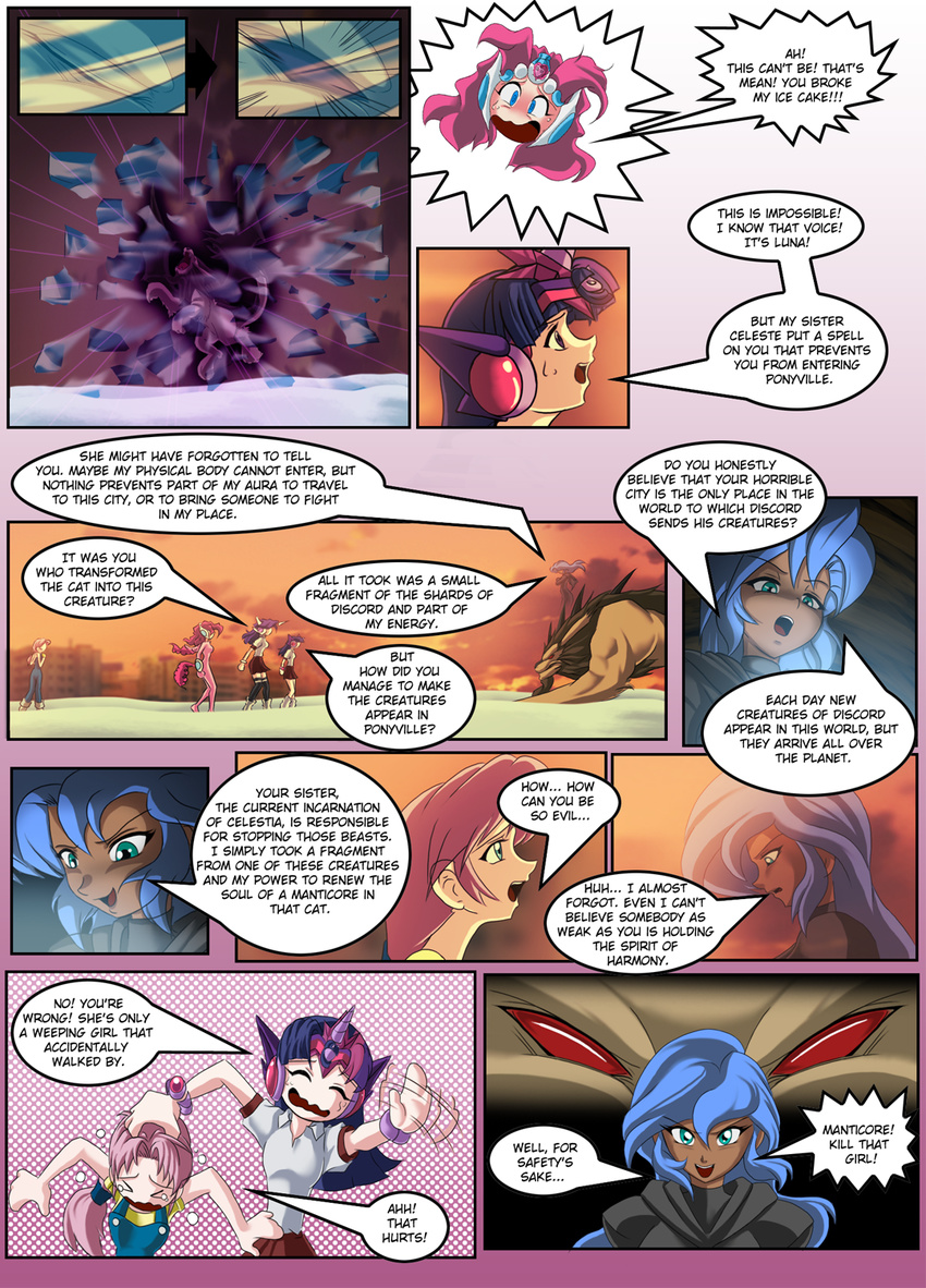 clothed clothing comic costume dialog english_text feline female fight friendship_is_magic frozen hair human humanized ice mammal manticore mauroz multi-colored_hair my_little_pony pinkie_pie_(mlp) princess_luna_(mlp) rarity_(mlp) snow text twilight_sparkle_(mlp) wings