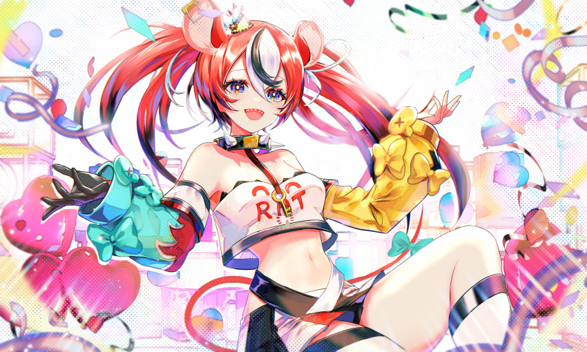 1girl animal_ears bangs black_gloves black_hair black_skirt blue_bow blue_eyes blue_sleeves bow breasts cheese collar detached_sleeves dice_hair_ornament food gloves hair_ornament hakos_baelz highres hololive hololive_english long_hair looking_at_viewer medium_breasts mouse_ears mouse_girl mouse_tail multicolored_hair navel open_mouth red_hair red_skirt single_glove skirt smile sowon spiked_collar spikes streaked_hair tail tail_bow tail_ornament twintails virtual_youtuber white_hair white_skirt yellow_sleeves