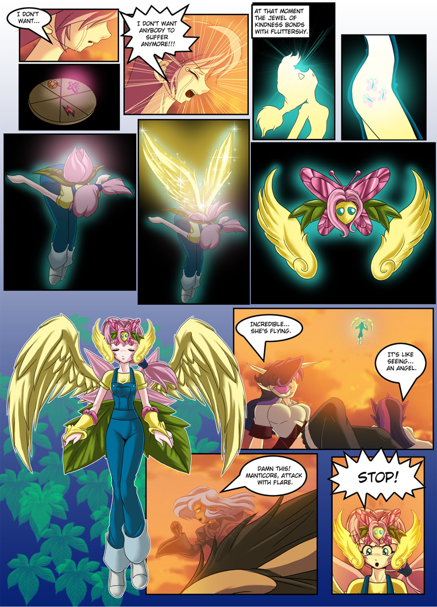 clothed clothing comic dialog english_text feline female fluttershy_(mlp) friendship_is_magic hair human humanized mammal manticore mauroz multi-colored_hair my_little_pony princess_luna_(mlp) rarity_(mlp) shield tears text tiara transformation twilight_sparkle_(mlp) wings wounded