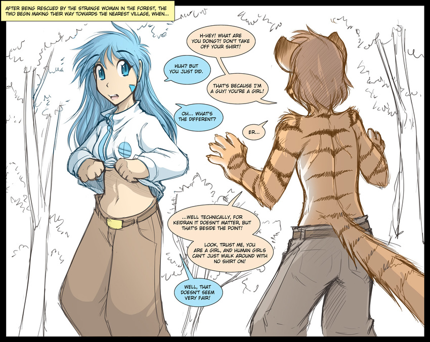 breasts clothing comic crossgender english_text feline female flora_(twokinds) forest fur human male mammal nature pants plain_background shirt stomach text tom_fischbach trace_legacy tree twokinds white_background