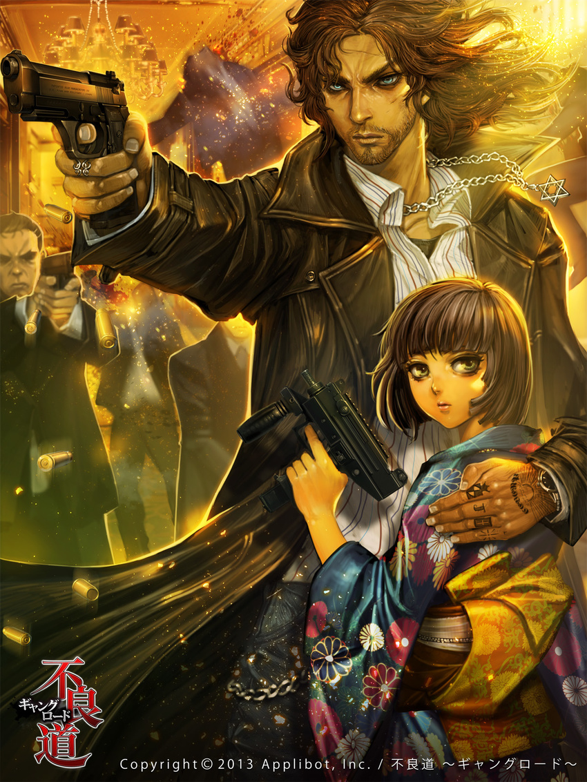 4boys beretta_92 blue_eyes brown_eyes brown_hair casing_ejection chain coat facial_hair formal furyou_michi_~gang_road~ goatee gun handgun height_difference hexagram highres japanese_clothes jewelry kimono machine_pistol minebea_pm-9 multiple_boys necklace obi official_art pistol ring sash shell_casing short_hair star_of_david suit tattoo wassily_herzen watch weapon xaxak