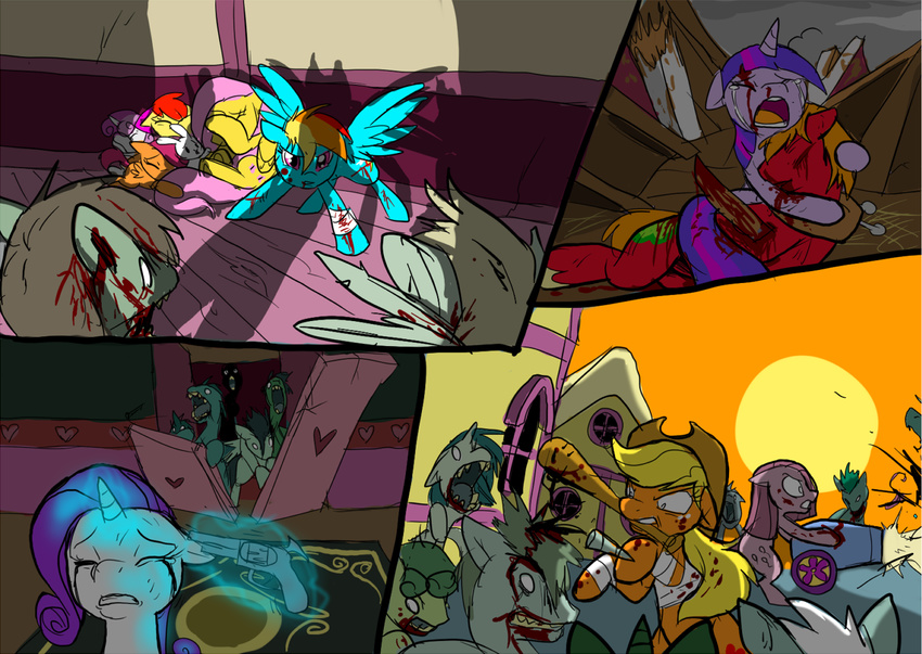 angel_(mlp) apple_bloom_(mlp) applejack_(mlp) baseball_bat big_macintosh_(mlp) blonde_hair blood cowboy_hat crying cutie_mark cutie_mark_crusaders_(mlp) equine eyes_closed female fluttershy_(mlp) freckles friendship_is_magic glowing gun hair hat horn horse lagomorph magic male mammal metal-kitty metal_(artist) multi-colored_hair my_little_pony open_mouth party_cannon pegasus pink_hair pinkamena_(mlp) pinkie_pie_(mlp) pony purple_eyes purple_hair rabbit rainbow_dash_(mlp) ranged_weapon rarity_(mlp) red_hair revolver scootaloo_(mlp) suicide sweetie_belle_(mlp) twilight_sparkle_(mlp) two_tone_hair undead unicorn weapon wings wounded zombie