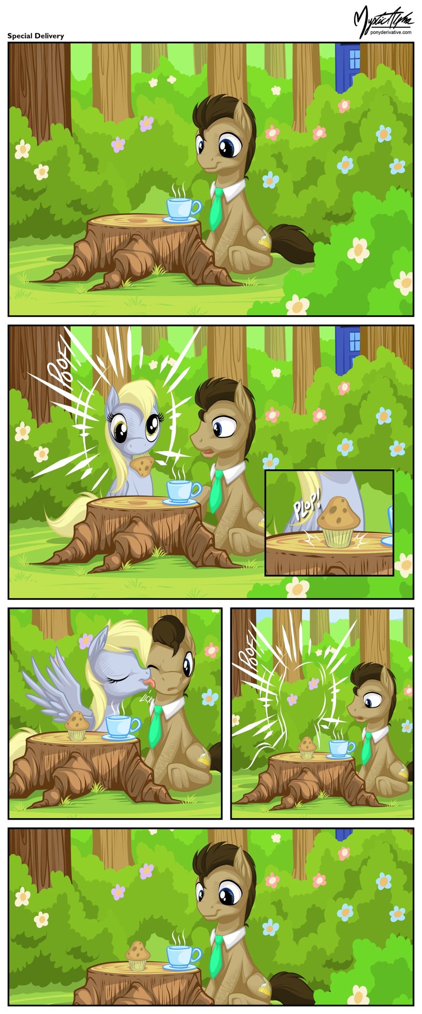 blonde_hair blue_eyes brown_hair bush comic cup cutie_mark derp_eyes derpy_hooves_(mlp) doctor_whooves_(mlp) equine female flower food forest friendship_is_magic grass hair horse licking male mammal muffin my_little_pony mysticalpha necktie pegasus pony sitting tardis teleport tongue tongue_out tree wings yellow_eyes