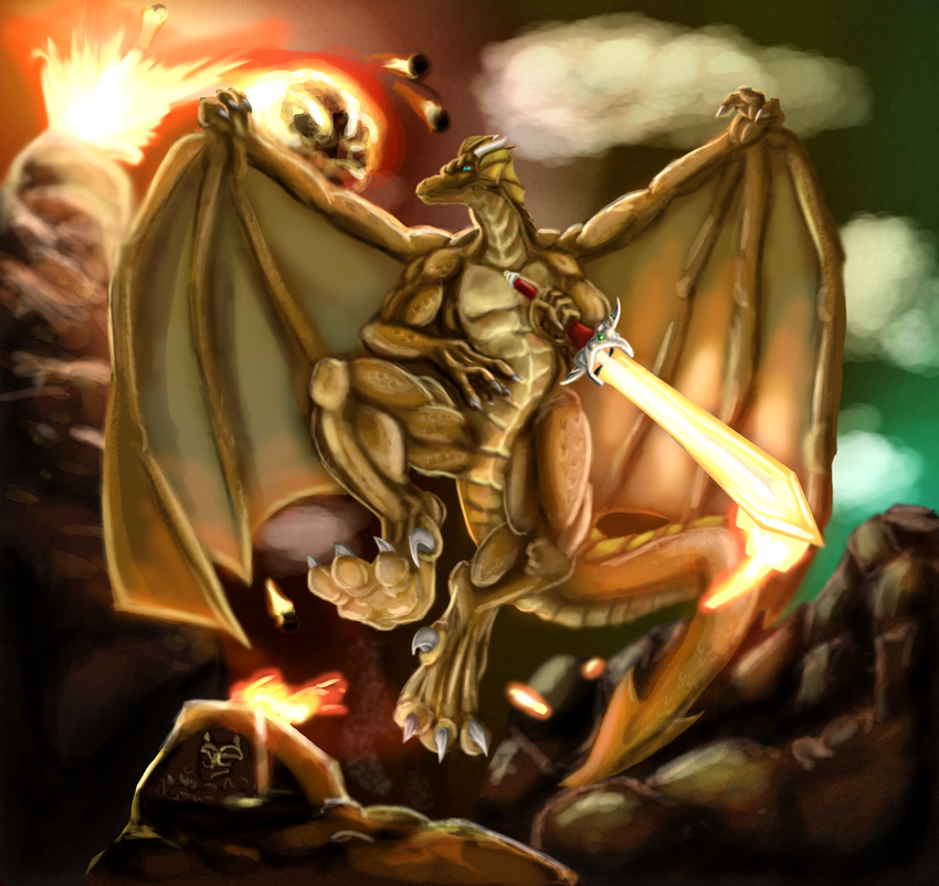 animated blue_eyes claws danger dragon dragoniade fiery fire flash horn invalid_tag male nuff said scalie solo sword volcano weapon wings yellow_scales