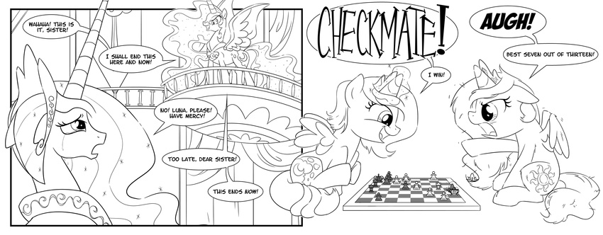 armor balcony black_and_white chess comic cutie_mark dialog duo english_text equine female friendship_is_magic glowing helmet horn horse levitation magic mammal messy_hair monochrome my_little_pony nightmare_moon_(mlp) pony princess_celestia_(mlp) princess_luna_(mlp) sketchyjackie sparkles tears text upset winged_unicorn wings