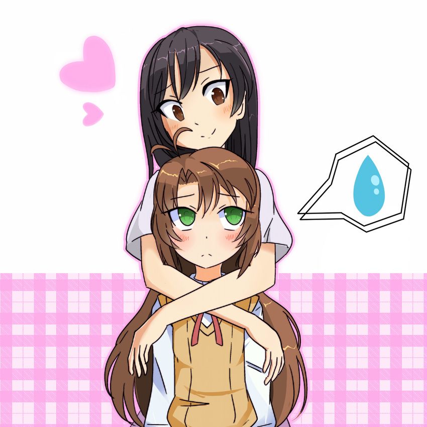 ahoge asahigaoka_school_uniform black_hair blush brown_eyes brown_hair green_eyes heart highres hug hug_from_behind ichijou_hotaru koshigaya_komari long_hair multiple_girls non_non_biyori school_uniform sweatdrop yek8221 yuri