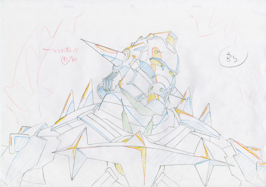 armored_dress ball_gag bondage_gear color_trace colorized commentary gag gagged gamagoori_ira highres key_frame kill_la_kill no_humans official_art partially_colored production_art promotional_art scourge_regalia shoulder_spikes simple_background sketch spiked_helmet spikes trigger_(company) white_background