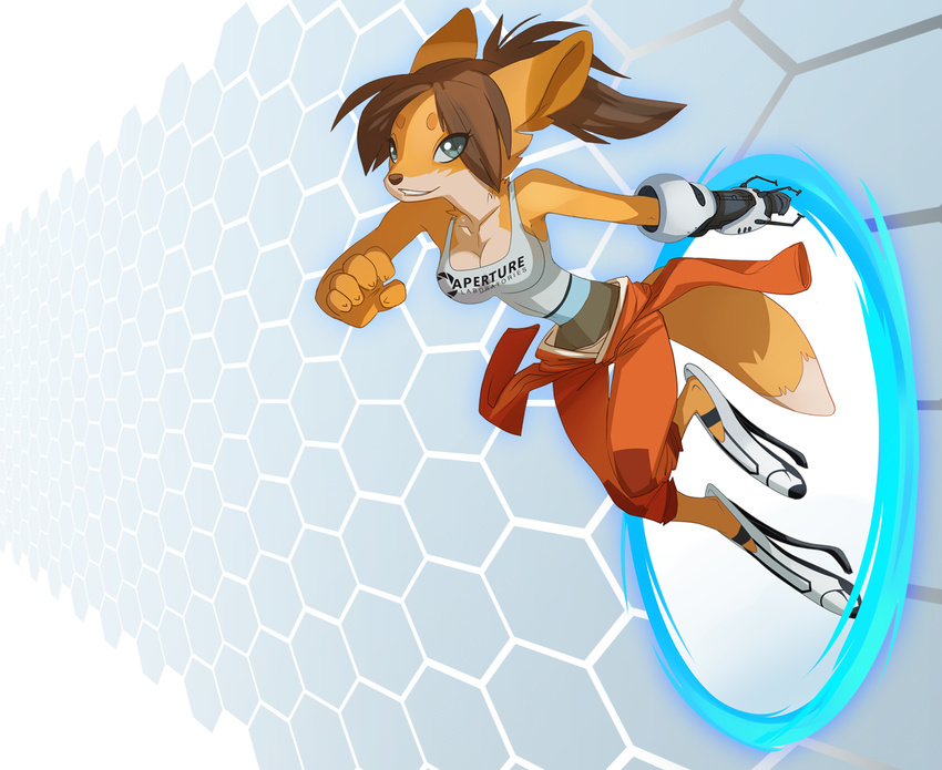 anthro aperture_laboratories aperture_science blue_eyes boots breasts brown_hair canine cleavage clothed clothing coveralls digitigrade female fox hair looking_at_viewer mammal overalls ponytail portal portal_(series) portal_gun sajira shirt solo tank_top valve vest