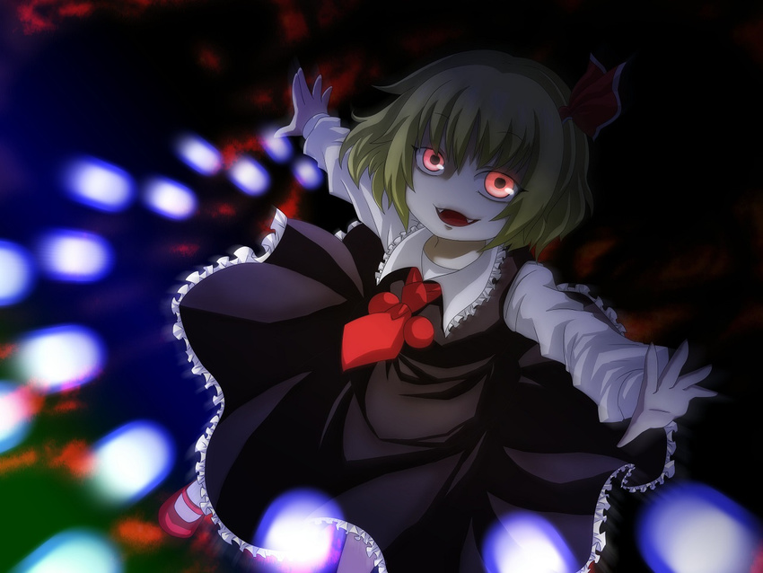 blonde_hair blouse danmaku evil_smile fangs frilled_skirt frills hair_ribbon motion_blur necktie open_mouth outstretched_arms red_eyes red_neckwear ribbon rumia short_hair skirt smile spread_arms touhou vest yuusei_mutsuki