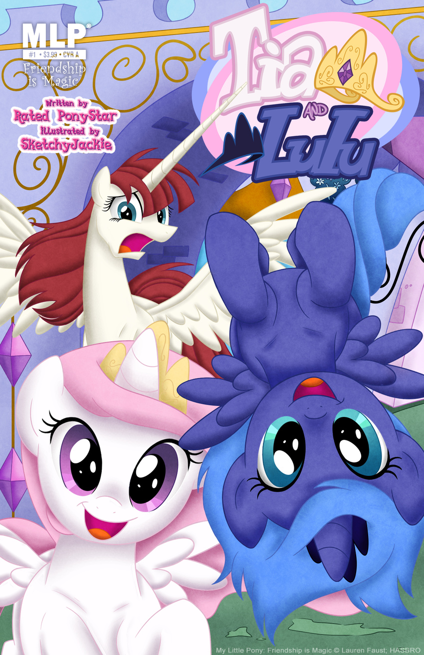 blue_eyes blue_hair castle cover equine female flying friendship_is_magic gem group hair horn horse lauren_faust_(character) mammal mother_and_daughter my_little_pony pink_hair pony princess_celestia_(mlp) princess_luna_(mlp) purple_eyes red_hair sibling sisters sketchyjackie upside_down winged_unicorn wings