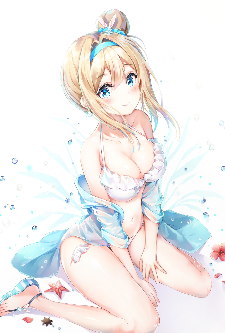 1girl absurdres bangs bare_shoulders between_legs bikini blonde_hair blue_eyes blue_footwear blush breasts cleavage closed_mouth collarbone commentary_request dana_(hapong07) eyebrows_visible_through_hair frilled_bikini frills full_body girls_frontline hair_between_eyes hair_ornament hairband hand_between_legs highres long_hair looking_at_viewer medium_breasts navel one_side_up open_clothes sandals shell side_bun sidelocks simple_background sitting smile snowflake_hair_ornament solo starfish stomach suomi_kp31_(girls_frontline) swimsuit wariza white_background white_bikini
