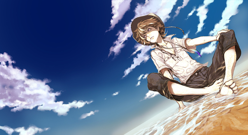 barefoot cloud dutch_angle foreshortening grey_eyes hat highres male_focus miwa_shirou original partially_submerged shirt short_sleeves sitting sky solo supercell water