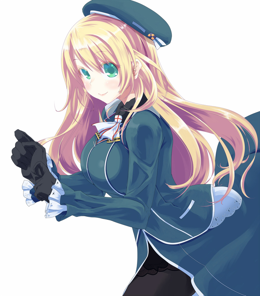 atago_(kantai_collection) blonde_hair blue_eyes breasts gloves hat highres hujikok kantai_collection large_breasts long_hair looking_at_viewer pantyhose ribbon smile solo