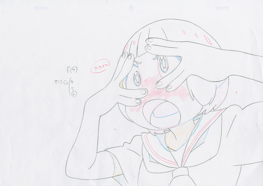 :d blush color_trace commentary covered_eyes covered_face dress eyes highres key_frame kill_la_kill mankanshoku_mako no_nose official_art open_mouth partially_colored production_art promotional_art sailor_dress short_hair simple_background sketch smile trigger_(company) uniform white_background
