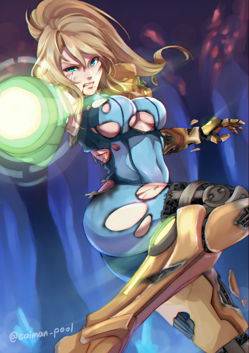 1girl absurdres aiming aiming_at_viewer aqua_eyes arm_cannon armor armored_boots ass blonde_hair blood blood_from_mouth blue_bodysuit bodysuit boots breasts broken_armor caiman-pool cave charging clenched_teeth covered_navel gauntlets glowing half-closed_eye hands_up high_ponytail highres hips impossible_bodysuit impossible_clothes injury knee_up long_hair looking_at_viewer medium_breasts metroid nintendo outstretched_arm parted_lips ponytail samus_aran shoulder_pads skin_tight skindentation solo teeth torn_bodysuit torn_clothes twisted_torso underboob varia_suit weapon zero_suit