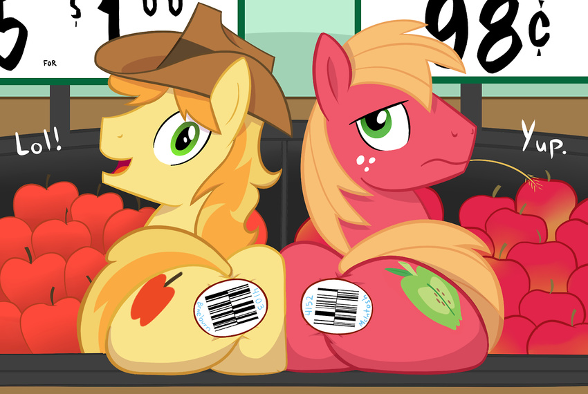 apple big_macintosh_(mlp) braeburn_(mlp) butt cutie_mark equine freckles friendship_is_magic fruit fur gay green_eyes hair hat horse humor male mammal mane my_little_pony orange_hair pony red_fur two_tone_hair yellow_fur