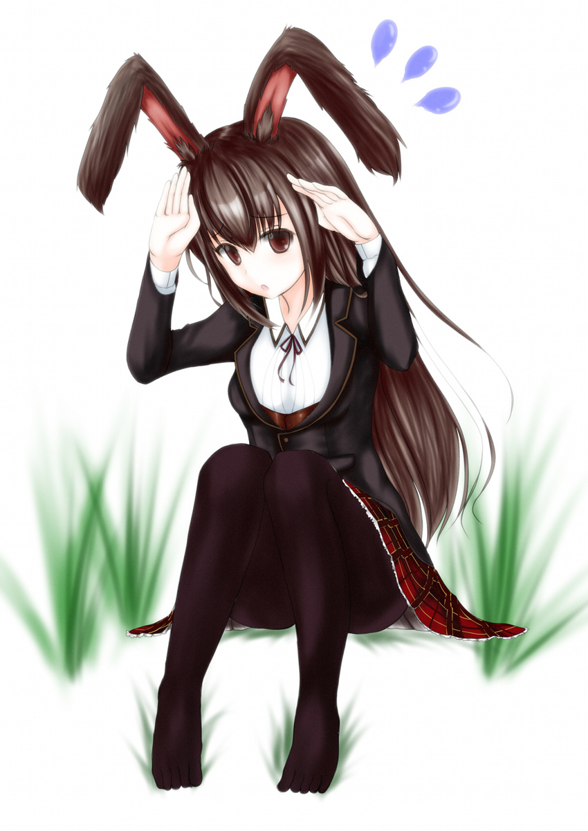 1girl animal_ears brown_eyes brown_hair bunny_ears flying_sweatdrops grass highres komomo komomo_(picturecollapse) long_hair looking_at_viewer pantyhose plaid plaid_skirt rwby school_uniform sitting skirt solo velvet_scarlatina