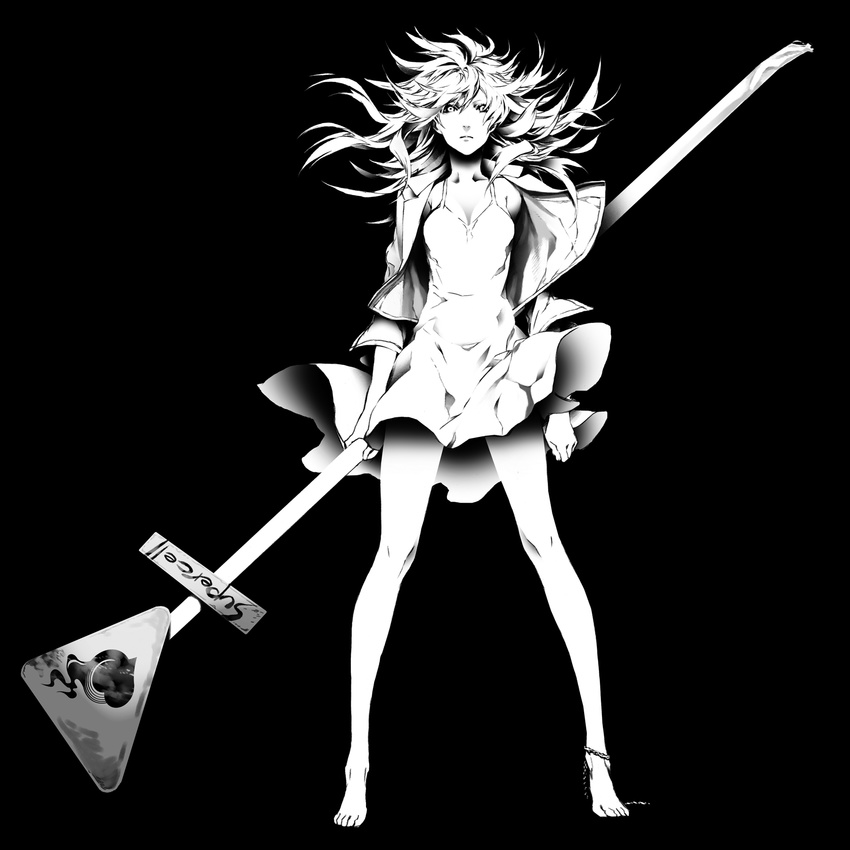 black_background dress greyscale highres long_hair looking_at_viewer miwa_shirou monochrome original sign signpost solo standing wind