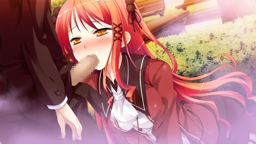 16:9 1boy 1girl blush breasts censored fellatio game_cg hinomiya_ayari ko~cha long_hair oral penis red_hair witch's_garden witch's_garden yellow_eyes