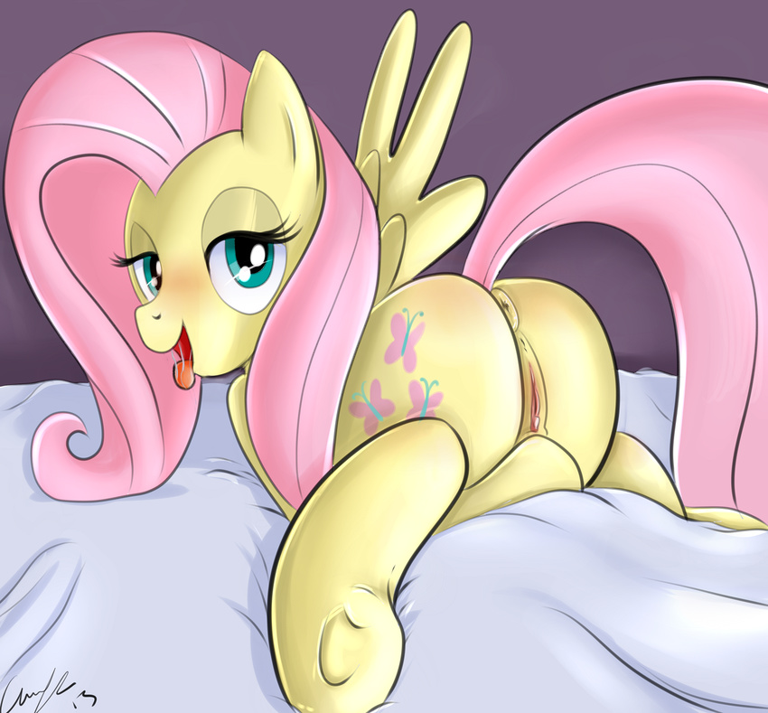 anus bedroom_eyes butt cutie_mark equine female feral fluttershy_(mlp) friendship_is_magic fur green_eyes hair half-closed_eyes hi_res horse long_hair looking_at_viewer lying mammal matimus91 my_little_pony on_front open_mouth pegasus pink_hair pony pussy saliva solo wings yellow_fur