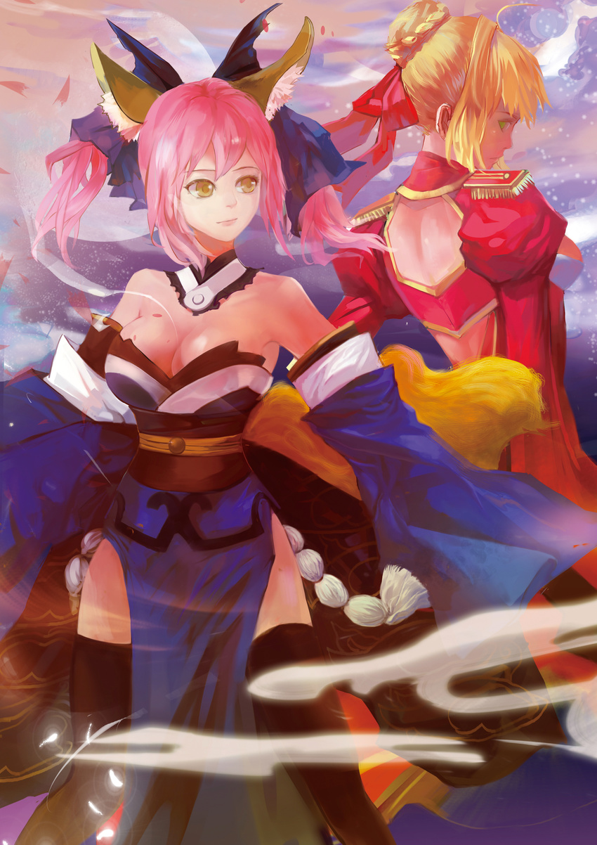 absurdres animal_ears bare_shoulders blonde_hair bow breasts detached_sleeves dress epaulettes fate/extra fate_(series) fox_ears fox_tail full_moon hair_bow hair_ribbon highres japanese_clothes kirbyheimi large_breasts moon multiple_girls nero_claudius_(fate) nero_claudius_(fate)_(all) petals pink_hair red_dress ribbon tail tamamo_(fate)_(all) tamamo_no_mae_(fate) thighhighs twintails yellow_eyes