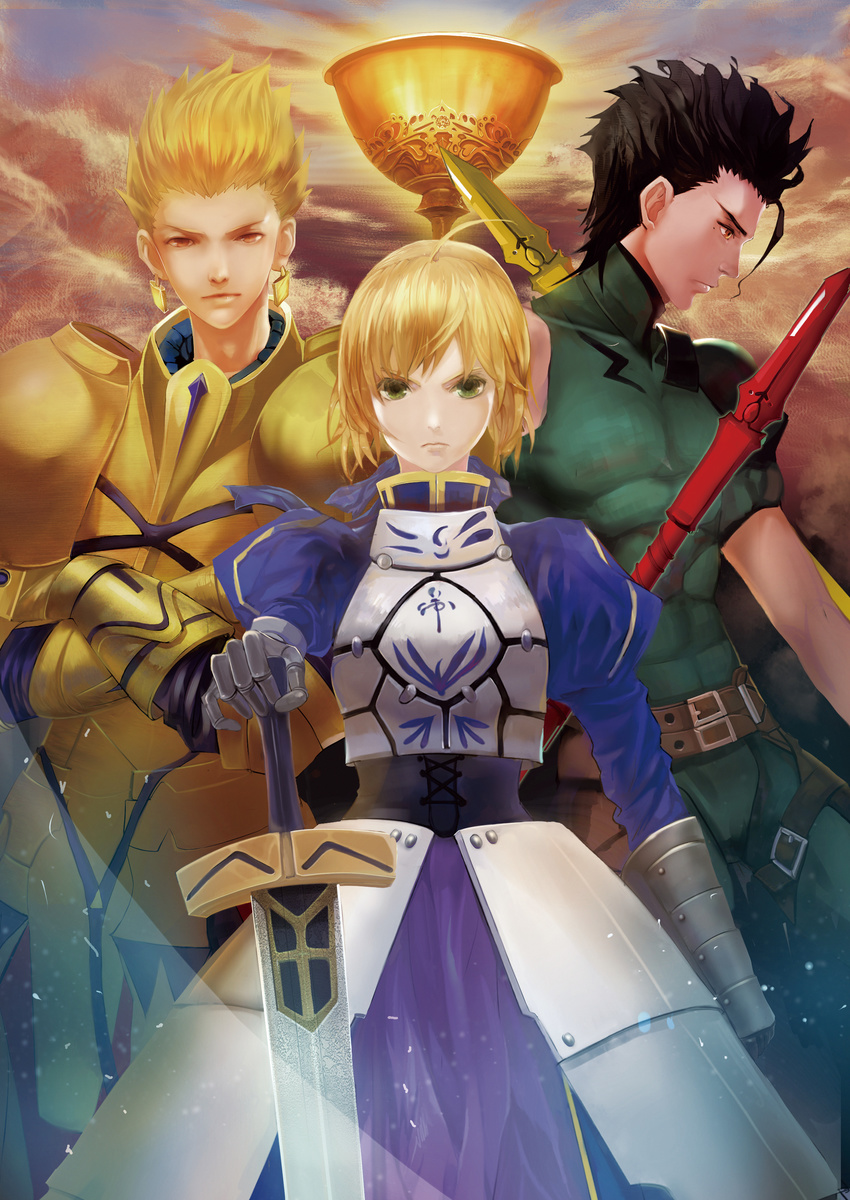 2boys absurdres ahoge armor armored_dress artoria_pendragon_(all) blonde_hair brown_hair cup dress earrings excalibur fate/zero fate_(series) gauntlets gilgamesh goblet grail green_eyes hair_ribbon hair_slicked_back hand_on_hilt highres jewelry kirbyheimi lancer_(fate/zero) mole mole_under_eye multiple_boys planted_sword planted_weapon red_eyes ribbon saber sword weapon yellow_eyes